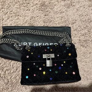Kurt Geiger Black Quilted Velvet Shoulder Bag with Multicolor Gem Accents